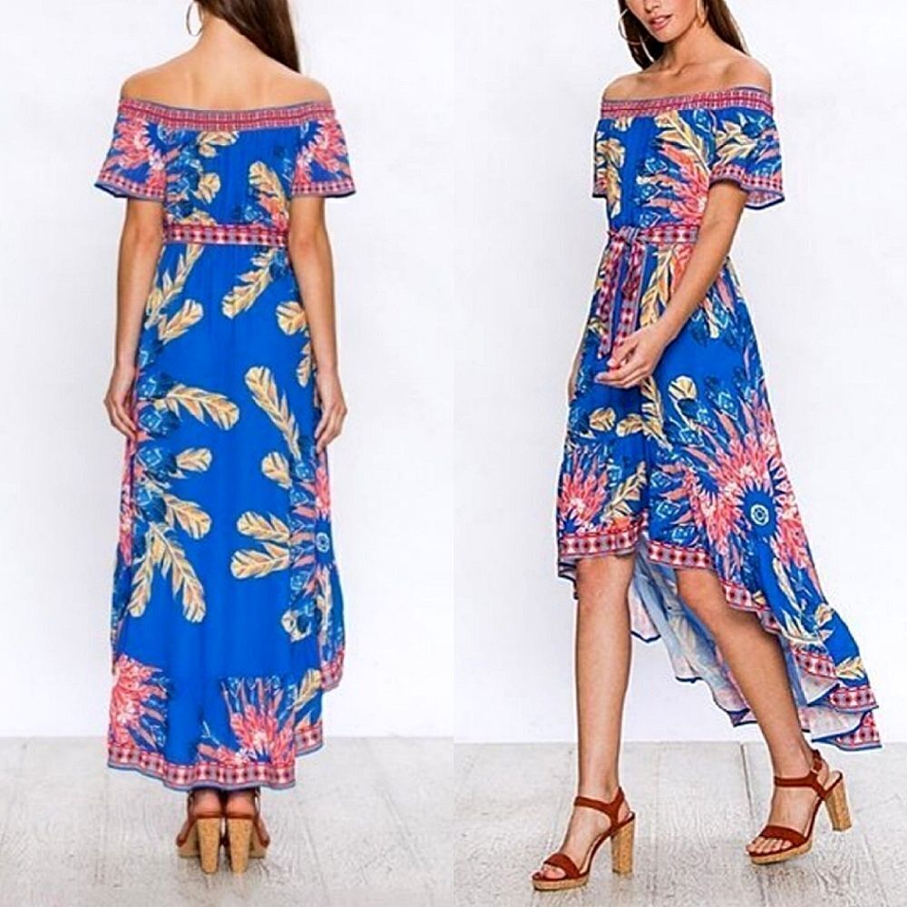 Flying Tomato Off-The-Shoulder Tropical Pattern High-Low Dress W/ Waist Tie